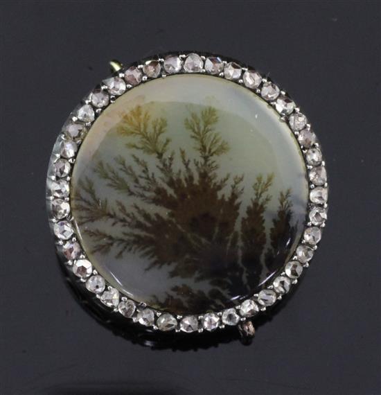 An early 20th century Russian 56 standard gold and silver, moss agate and rose cut diamond set circular pendant brooch, 1in.